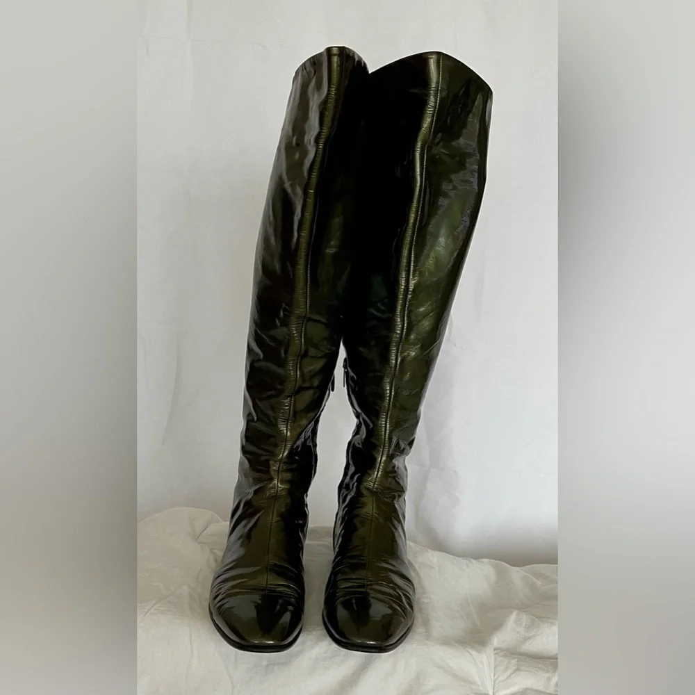 Sergio Rossi Patent Leather Over-the-Knee Boots Olive Green Size 38 Made in Ital